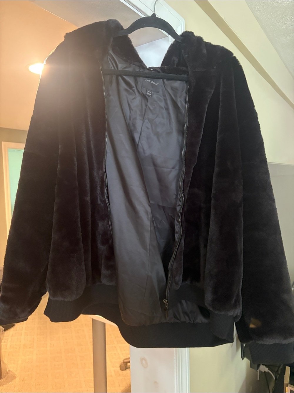 Lane Bryant Black Faux Fur Hooded Bomber Jacket